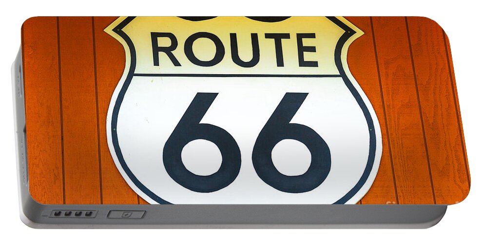 Route 66 Portable Battery Charger featuring the photograph Route 66 wooden background #1 by Benny Marty