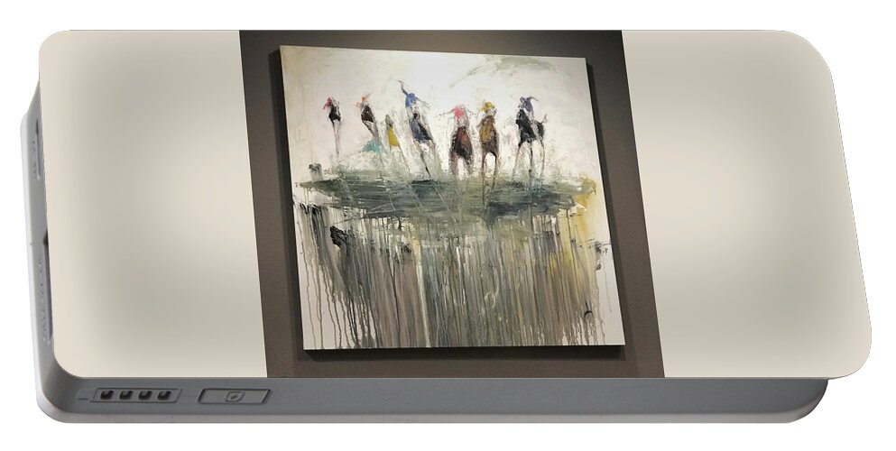 Animal Inspirational Surrealism Modern Horse Horses Contemporary Abstract Original Fantasy Race Horses Painting Portable Battery Charger featuring the painting Stretch Run Blue #1 by Heather Roddy