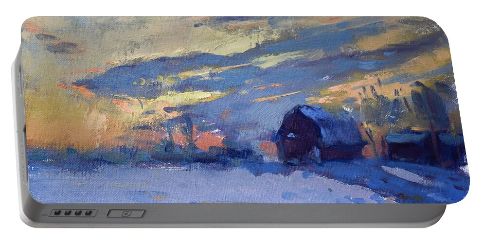 Sunset Portable Battery Charger featuring the painting Sunset over the Farm by Ylli Haruni