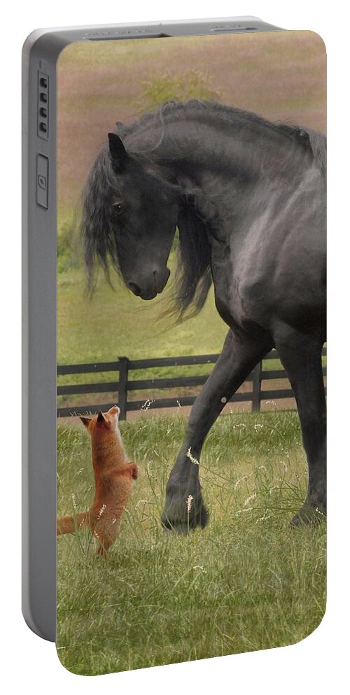 Friesian Portable Battery Charger featuring the digital art The Friesian and the Fox by Fran J Scott