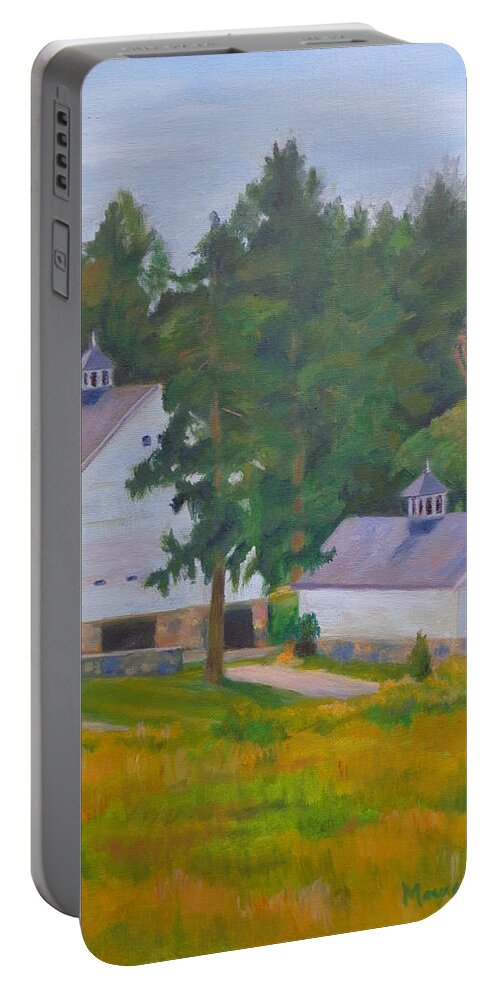 Barns Portable Battery Charger featuring the painting Two Country Barns #1 by Maureen Obey