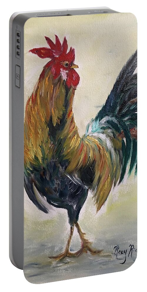 Rooster Portable Battery Charger featuring the painting Who you calling Chicken by Roxy Rich