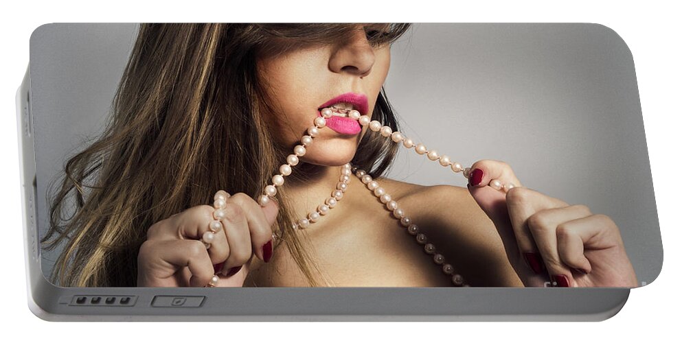 Woman Portable Battery Charger featuring the photograph Woman with Pearls #1 by Jelena Jovanovic