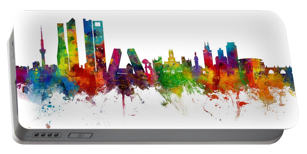 Madrid Portable Battery Charger featuring the digital art Madrid Spain Skyline by Michael Tompsett
