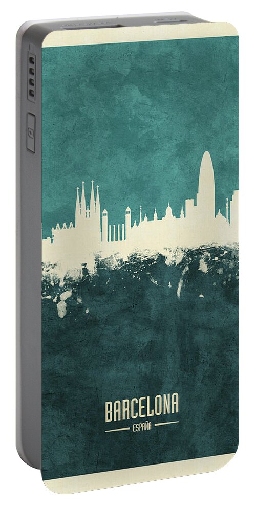 Barcelona Portable Battery Charger featuring the digital art Barcelona Spain Skyline #13 by Michael Tompsett