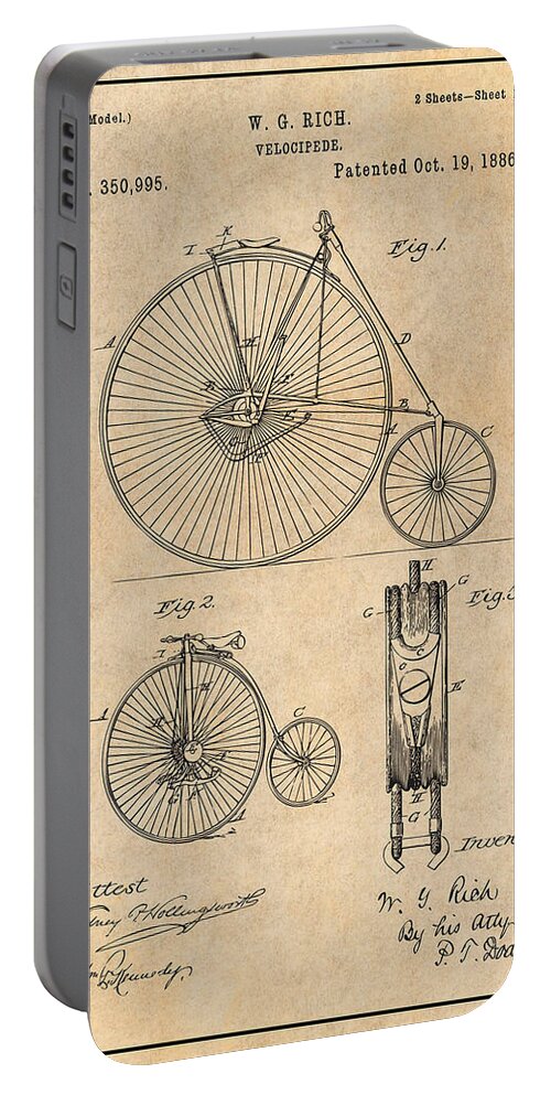 1886 W. G. Rich Velocipede Bicycle Patent Print Portable Battery Charger featuring the drawing 1886 W. G. Rich Velocipede Bicycle Antique Paper Patent Print by Greg Edwards