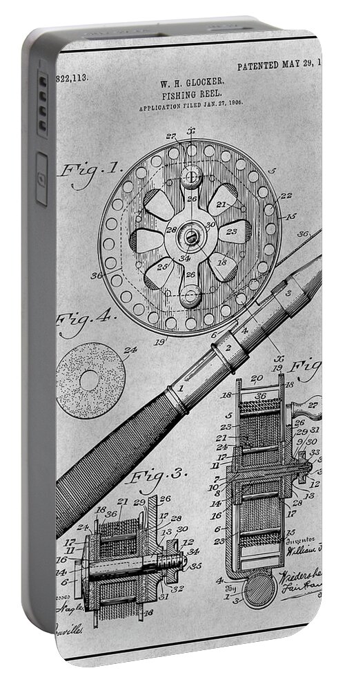 1906 Fly Fishing Reel Patent Print Portable Battery Charger featuring the drawing 1906 Fly Fishing Reel Gray Patent Print by Greg Edwards