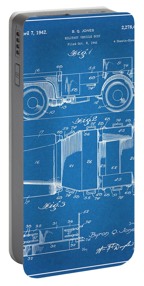 1941 Jeep Military Vehicle Patent Print Portable Battery Charger featuring the drawing 1941 Jeep Military Vehicle Blueprint Patent Print by Greg Edwards