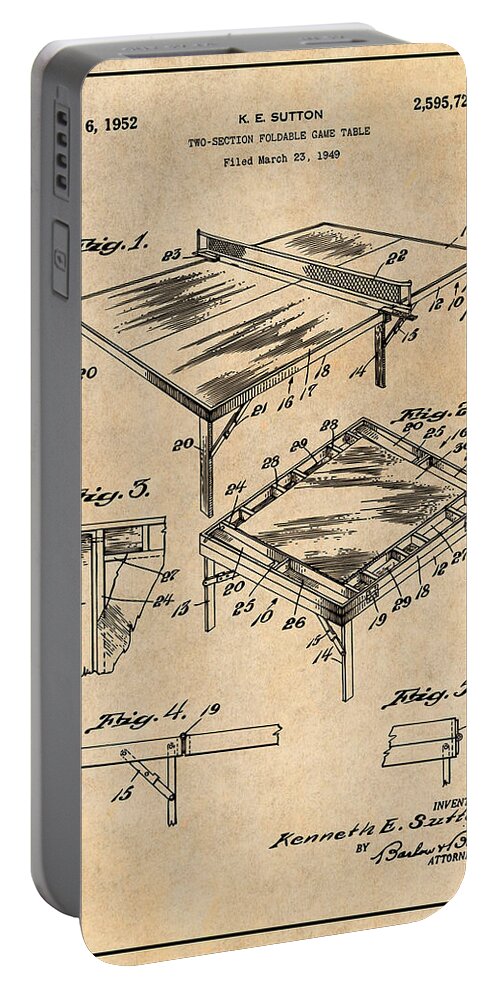 1949 Table Tennis Ping Pong Patent Print Portable Battery Charger featuring the drawing 1949 Table Tennis Ping Pong Antique Paper Patent Print by Greg Edwards