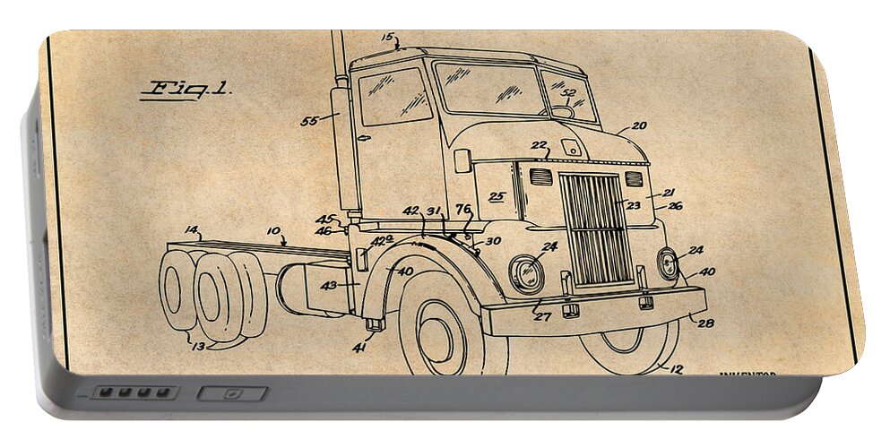 1950 Peterbuilt Cab Over Diesel Semi Truck Patent Print Portable Battery Charger featuring the drawing 1950 Peterbuilt Cab Over Diesel Semi Truck Antique Paper Patent Print by Greg Edwards
