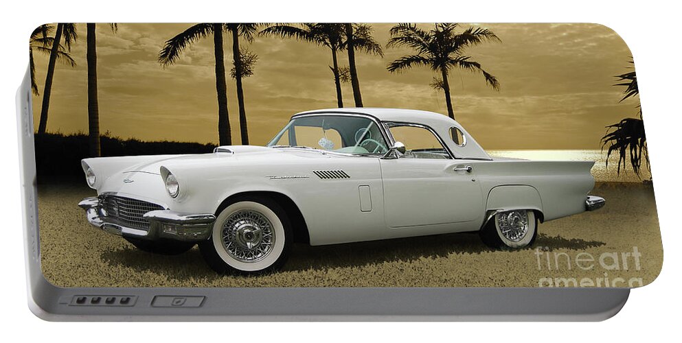1957 Portable Battery Charger featuring the photograph 1957 Thunderbird On The Naples Beach by Ron Long