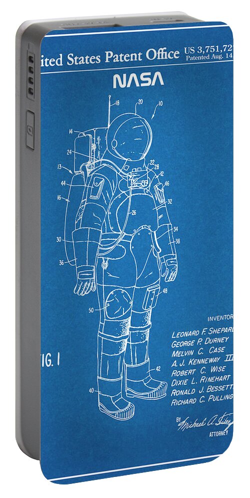 Nasa Portable Battery Charger featuring the drawing 1973 NASA Apollo Space Suit Patent Print Blueprint by Greg Edwards
