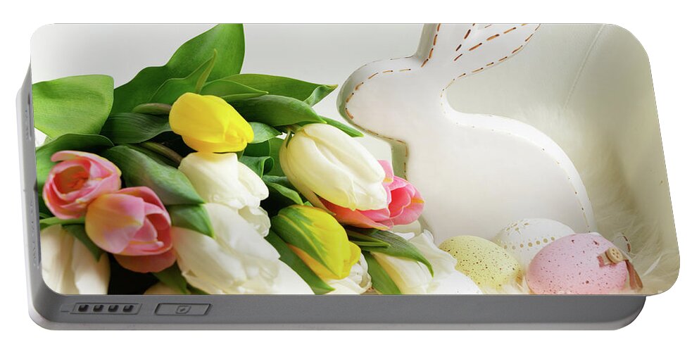 Easter Portable Battery Charger featuring the photograph Easter scene with colored eggs by Anastasy Yarmolovich