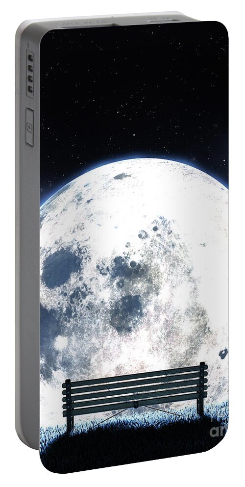 Moon Portable Battery Charger featuring the digital art Empty Bench And Moon Silhouette #2 by Allan Swart