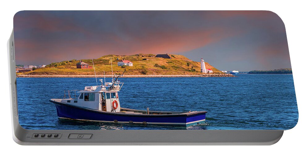 Cruise Ship Terminal Portable Battery Charger featuring the photograph Fishing Boat Past Small Lighthouse #2 by Darryl Brooks