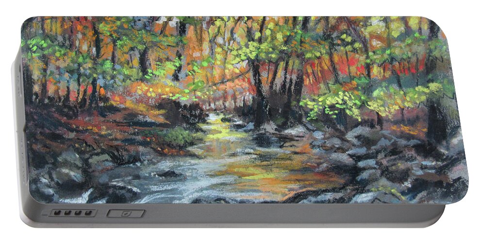 Colorful Forest Brook Portable Battery Charger featuring the pastel Forest Brook #2 by Jean Batzell Fitzgerald