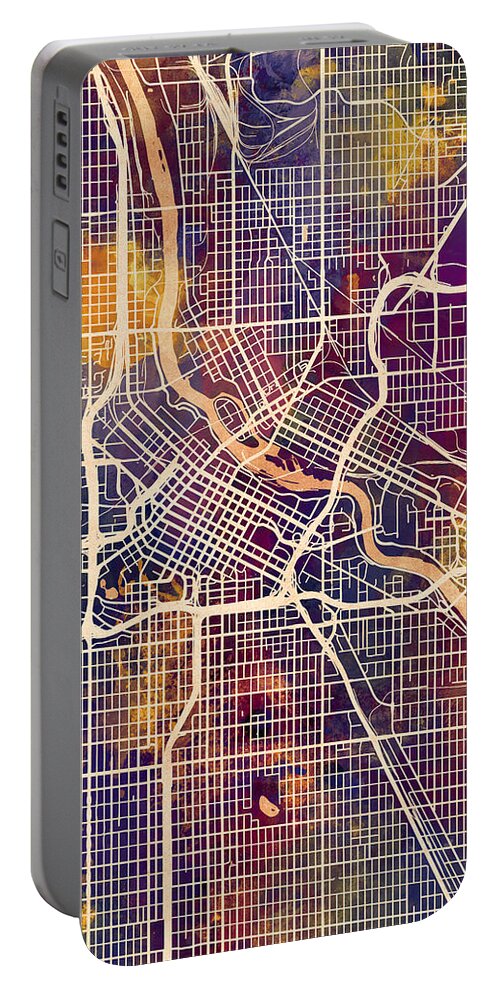 Minneapolis Portable Battery Charger featuring the digital art Minneapolis Minnesota City Map by Michael Tompsett