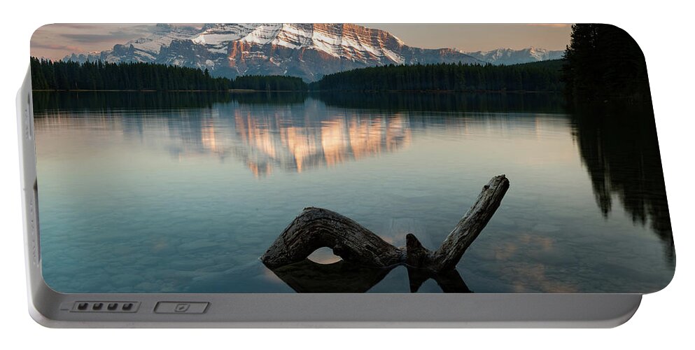 Alberta Portable Battery Charger featuring the photograph Mount Rundle and Two Jack Lake #2 by Peter OReilly
