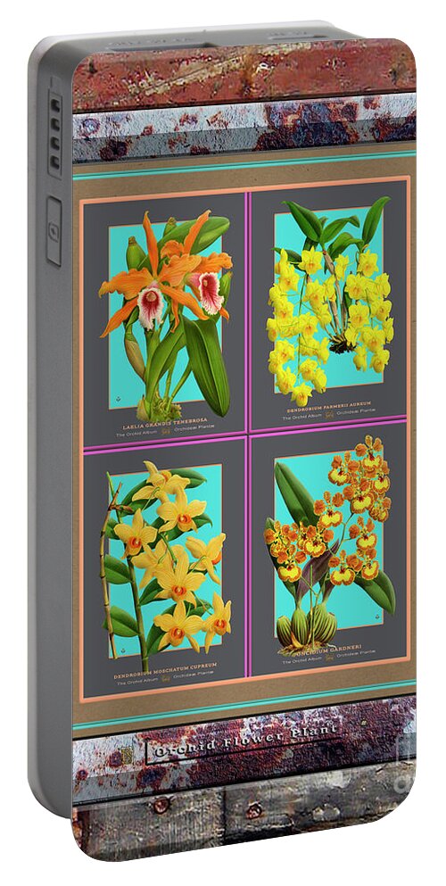 Vintage Portable Battery Charger featuring the painting Antique Orchids Quatro on Rusted Metal and Weathered Wood Plank #327 by Baptiste Posters