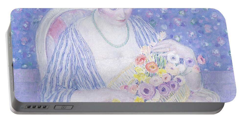 The Basket Of Flowers Portable Battery Charger featuring the painting The Basket of Flowers by Frederick Carl Frieseke