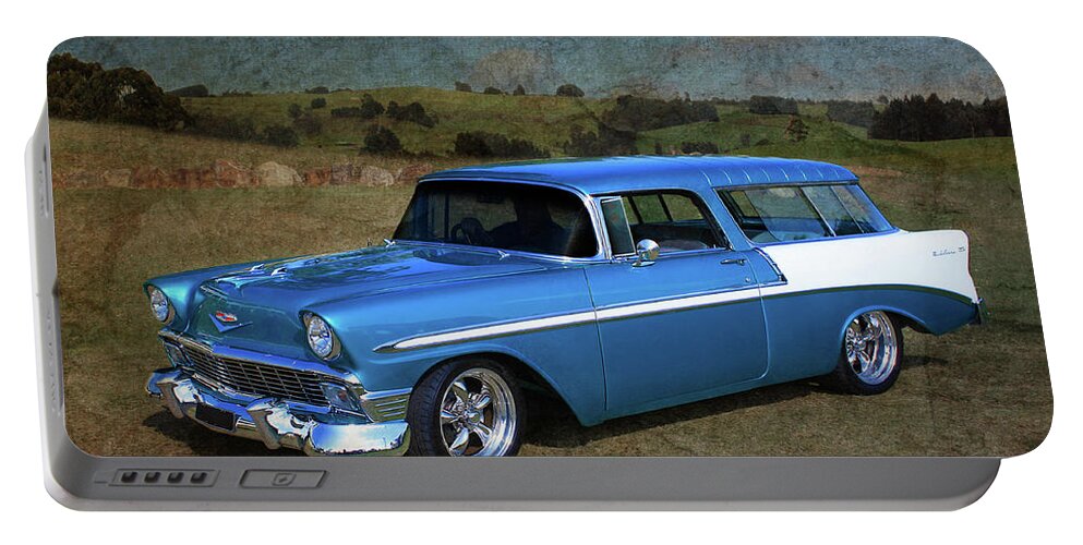 Chev Portable Battery Charger featuring the photograph 56 Chevy Wagon by Keith Hawley