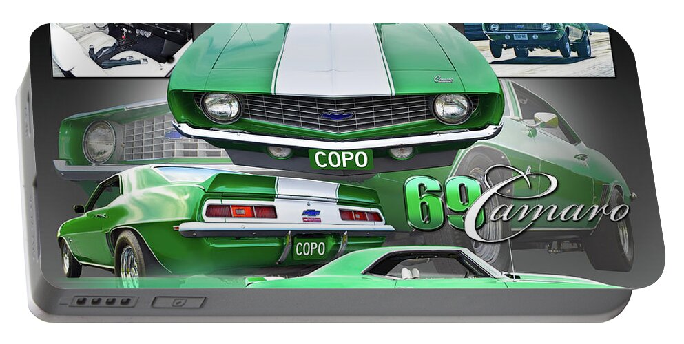 Chevrolet Copo Camaro Portable Battery Charger featuring the digital art 69 Green COPO Camaro by Rick Mock