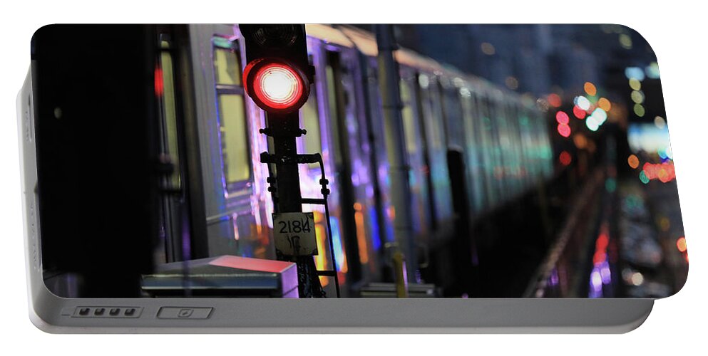 Subway Portable Battery Charger featuring the photograph 7 NightScape No.3 - Manhattan-bound 7 Train Departs 40th St Station, Queens by Steve Ember