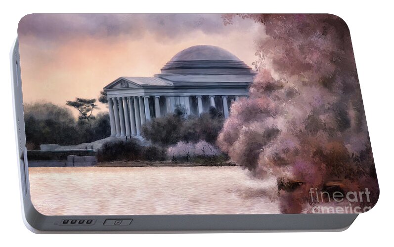 Jefferson Memorial Portable Battery Charger featuring the digital art A Cherry Blossom Dawn by Lois Bryan