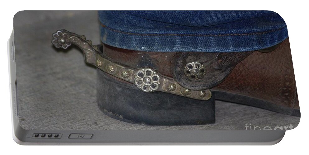 Spur Portable Battery Charger featuring the photograph A Cowboy and his Spurs by Terri Brewster