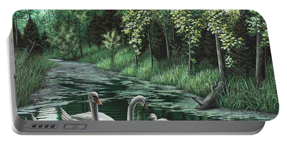Swan Portable Battery Charger featuring the painting A Day Out by Anthony J Padgett