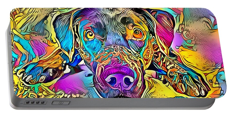 Dog Portable Battery Charger featuring the digital art A dog lies in bright and colourful colours by Gina Koch