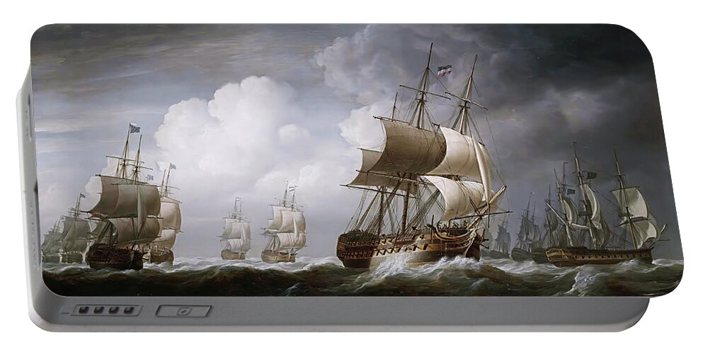 Battle Quiberon Bay Portable Battery Charger featuring the painting A Fleet Of East Indiamen At Sea by Nicholas Pocock by Rolando Burbon