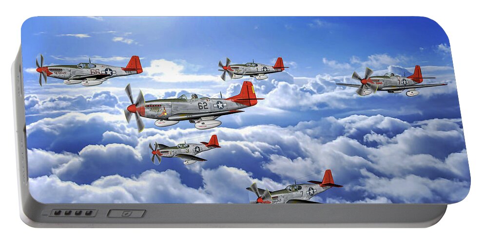 332nd Fighter Group Portable Battery Charger featuring the digital art A flight of Red Tails - Oil by Tommy Anderson