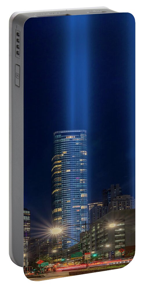 World Trade Center Portable Battery Charger featuring the photograph A NYC 911 Tribute In light by Susan Candelario