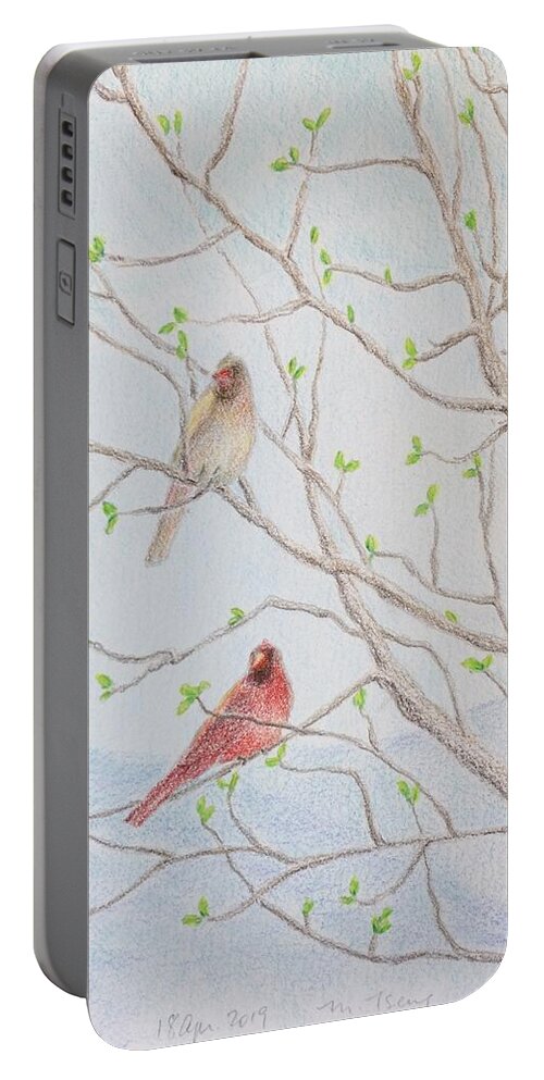 Framed Prints Portable Battery Charger featuring the drawing A pair of cardinals on magnolia tree by Milly Tseng
