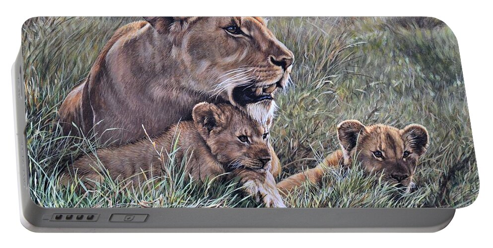 Paintings Portable Battery Charger featuring the painting A Quiet Moment Lioness and Lion Cubs by Alan M Hunt