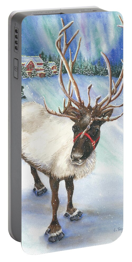 Reindeer Portable Battery Charger featuring the painting A Winter's Walk by Lori Taylor