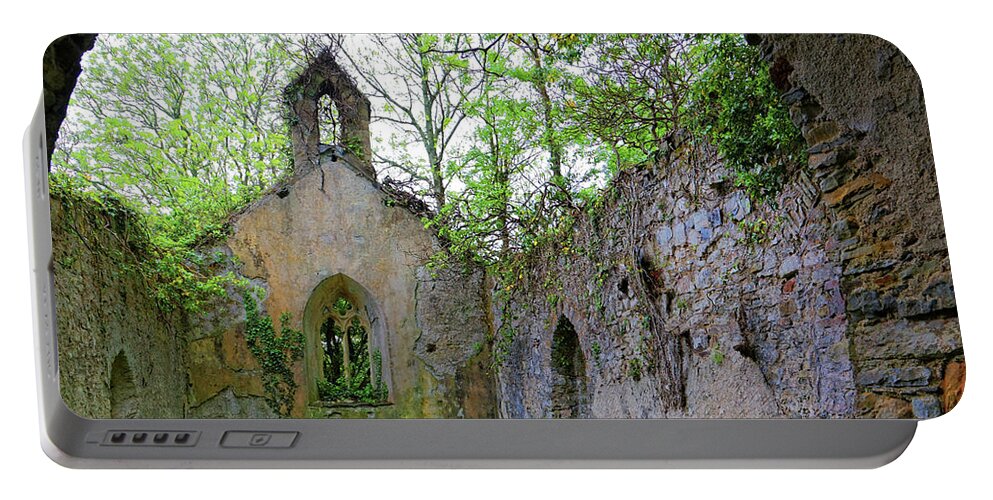 Close Up Portable Battery Charger featuring the photograph ancient falling down 1400's stone church Wales Great Britain by Robert C Paulson Jr