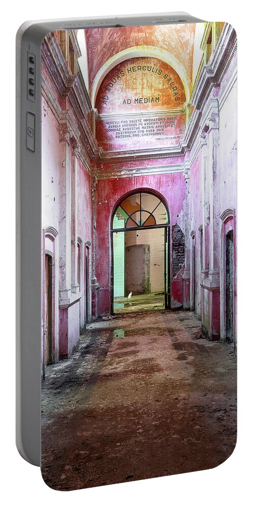Urban Portable Battery Charger featuring the photograph Abandoned Hallway in Decay with Cat by Roman Robroek