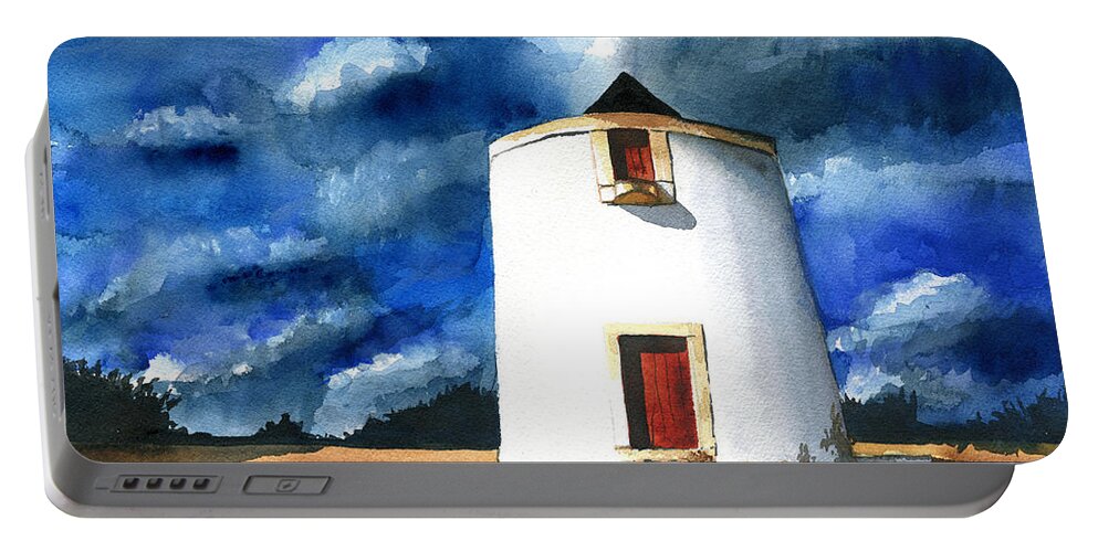 Portugal Portable Battery Charger featuring the painting Abandoned Portuguese Windmill by Dora Hathazi Mendes