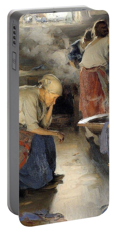 Washer Portable Battery Charger featuring the painting Abram Efimovich Arkhipov - The Washer Women 1899 by Celestial Images