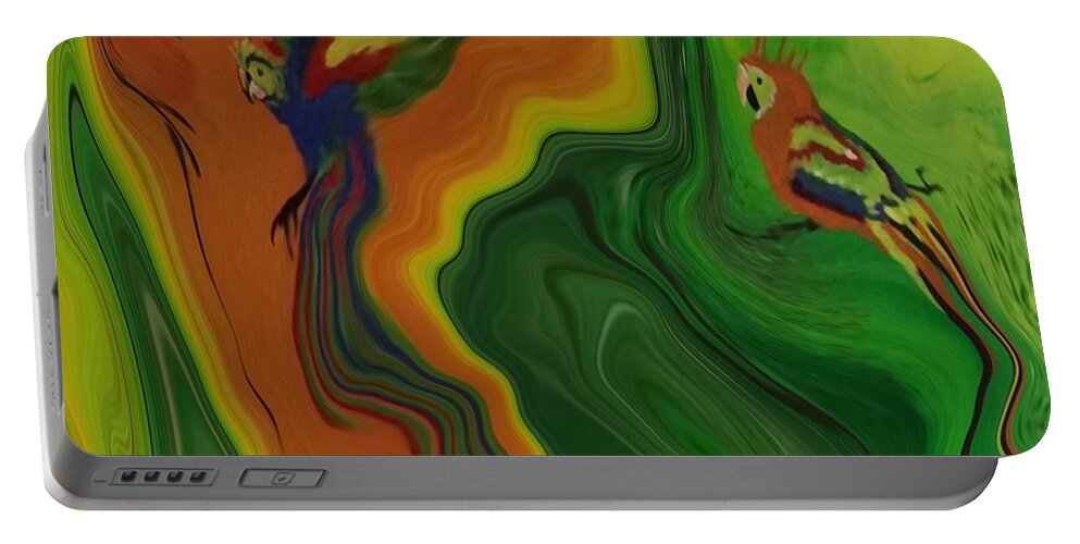 Abstract Portable Battery Charger featuring the painting Abstract Art - Colorful Fluid Painting Pattern with Parrots by Patricia Piotrak