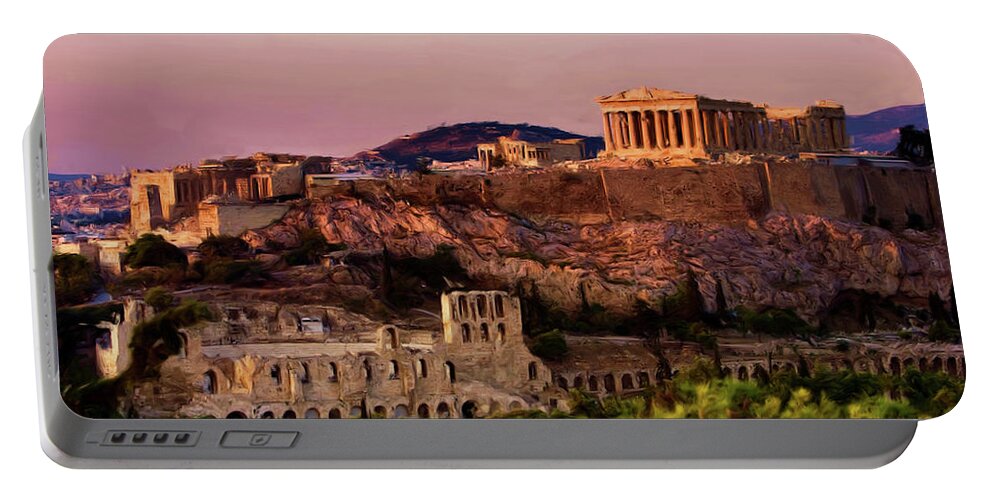 Troy Caperton Portable Battery Charger featuring the painting Acropolis at Twilight by Troy Caperton