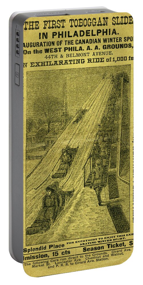 Toboggan Slide Portable Battery Charger featuring the mixed media Advertisement for The First Toboggan Slide in Philadelphia by A H Seaverns