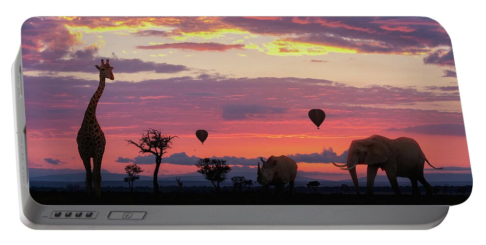 African Portable Battery Charger featuring the photograph African Safari Colorful Sunrise With Animals by Good Focused