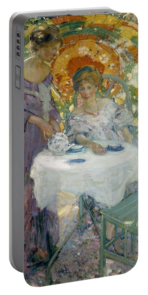 Girl Portable Battery Charger featuring the painting Afternoon Tea 1910 Richard Emile Miller by Richard Emile Miller