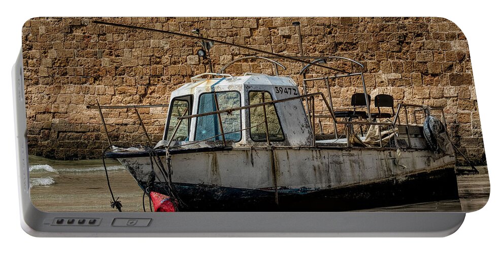 Aging Portable Battery Charger featuring the photograph Aging Boat in Akko Israel by Roberta Kayne