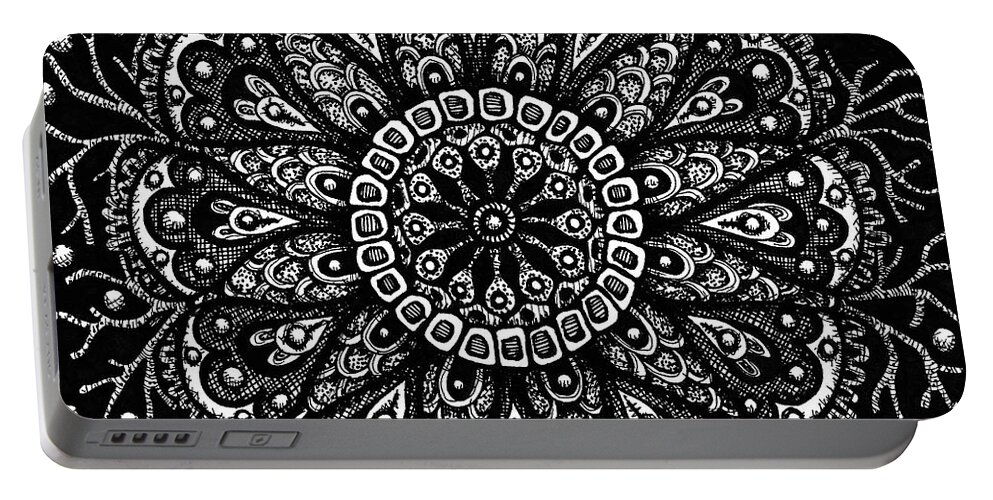 Boho Portable Battery Charger featuring the drawing Alien Bloom 10 Black and White by Amy E Fraser