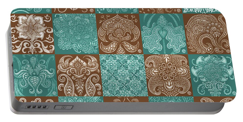 Boho Portable Battery Charger featuring the drawing Alien Bloom Patchwork Teal and Brown by Amy E Fraser