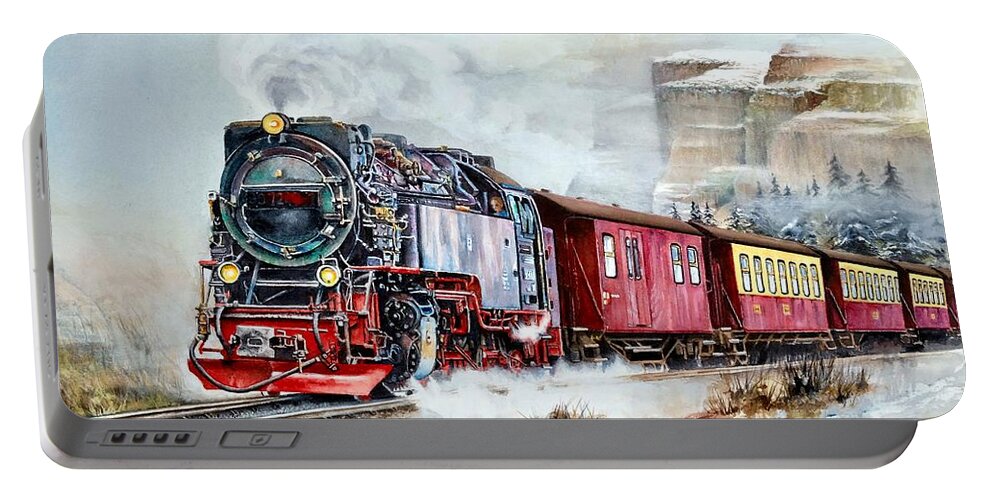 Train Portable Battery Charger featuring the painting All Aboard by Jeanette Ferguson